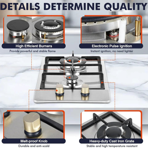 Portable Dual Fuel 2 Burner Gas Stove Cooktop 12 Inch Stainless Steel LPG NG Convertible focused on burners, knobs, and grate.