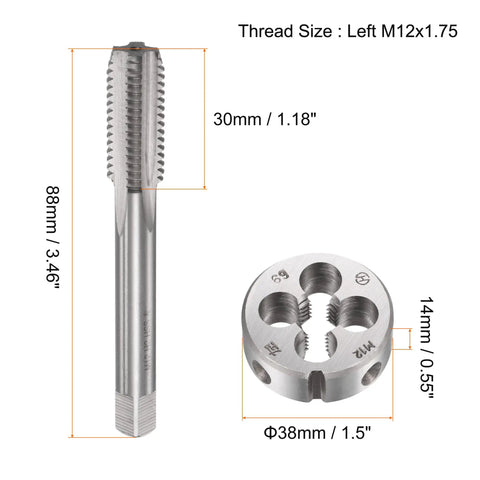 M12 x 1.75 Left Hand Tap and Die Set With Round Thread Die For Nut and Bolt Thread Repair, Straight Flute Tools