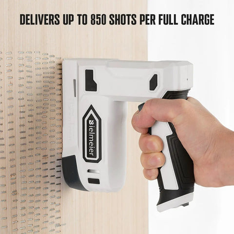 Using 2 In 1 Cordless Electric Staple Gun And Brad Nailer Kit on wooden board with hand grip, USB-C charge, 850 shots per charge