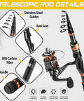 Bronze Warrior Toray IM6 Carbon Matrix Telescopic Fishing Rod And Spinning Reel Combo with stainless steel guides, size 5.91ft