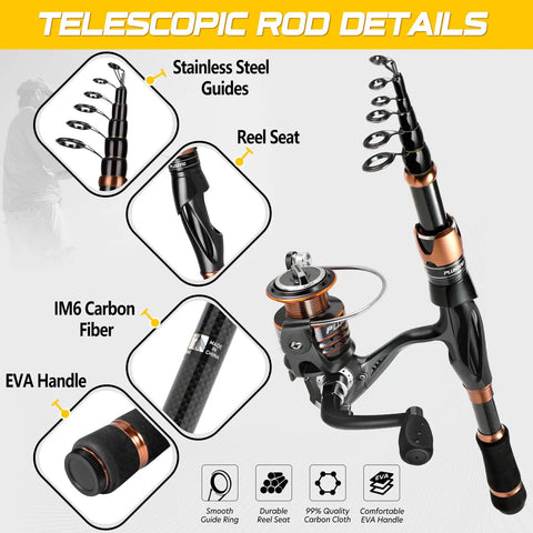 Bronze Warrior Toray IM6 Carbon Matrix Telescopic Fishing Rod And Spinning Reel Combo with stainless steel guides, size 5.91ft