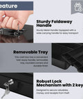 Features of Metal Cash Box With Lock And Nine Compartment Tray For Small Biz, showing handle, removable tray, and lock with keys.