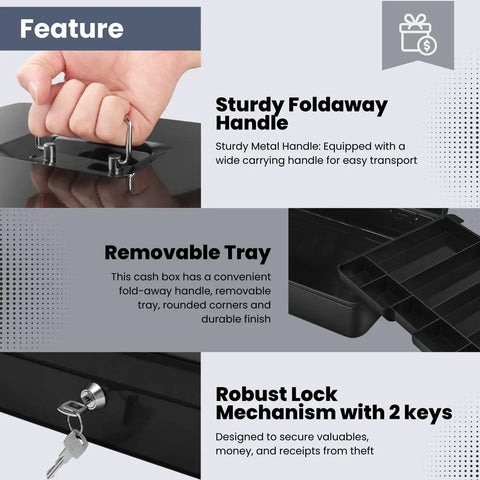 Features of Metal Cash Box With Lock And Nine Compartment Tray For Small Biz, showing handle, removable tray, and lock with keys.