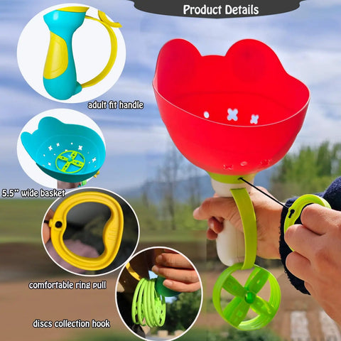 Disc Launcher And Catcher Toy For Outdoor Fun Ideal For Backyard Play And Family Time Flying Disc Spinner Helicopter Propeller Game With 12 Mini Discs For Boys And Girls Ages 4 To 10 showing features of the toy.
