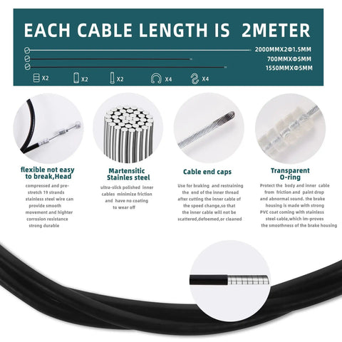 Details of All Purpose Universal Bike Brake Cable Set Front And Rear for MTB and Road Bikes with caps and PVC housing.