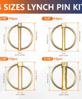 Image showing 12 Pack Lynch Pin Assortment Kit for Trailers and Mowers, Heavy Duty O Type Pins in Four Sizes Three Sixteenth Inch, One Quarter Inch, Five Sixteenth Inch, Seven Sixteenth Inch for Trailers, Three Point Hitches, and Farm Equipment. Display of pins in 3/16, 1/4, 5/16, 7/16 inch sizes with quantities.