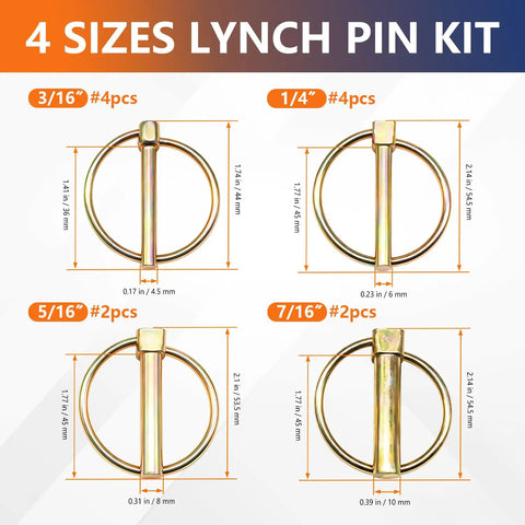 Image showing 12 Pack Lynch Pin Assortment Kit for Trailers and Mowers, Heavy Duty O Type Pins in Four Sizes Three Sixteenth Inch, One Quarter Inch, Five Sixteenth Inch, Seven Sixteenth Inch for Trailers, Three Point Hitches, and Farm Equipment. Display of pins in 3/16, 1/4, 5/16, 7/16 inch sizes with quantities.