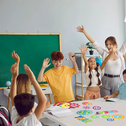 Students and teacher enjoying "Gear Up Your Classroom With 52 Piece Robot Bulletin Board Set Featuring Gear Cutouts Robot Cutouts"