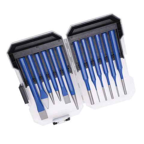 Premium 12 Piece Chisel Punch Kit For Pros Featuring CRV V Steel Conical Flat And Center Punches To Nail Any Engraving Or Metal Work Job With Durable Hitting Power And Smooth Surfaces That Make Your DIY Projects Look Totally Rad And Built To Last A, 12-piece CRV-V steel set in storage case