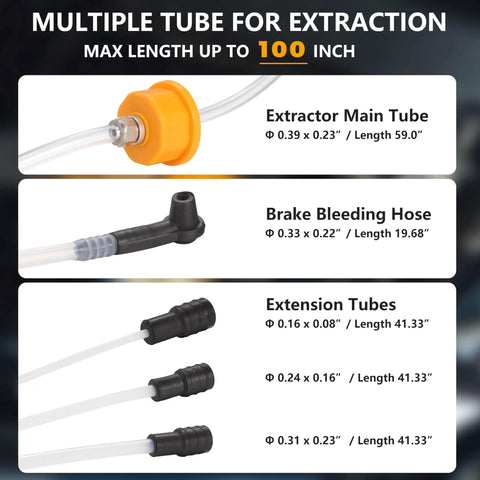 Grip Tight 6 Liter Manual Oil Extractor Pump For Swift Engine Oil Changes Via Dipstick Tube showing multiple tube options with lengths.