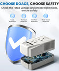 Get Your Us Hair Tools Firing On All Cylinders Overseas With This Badass 2000 Watt Voltage Converter Stepping Down 220 Volts To 110 For Europe Travel Comes With Eu Uk Au Us Plugs For All Your Gadgets shown with safety features and shield icon