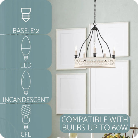 Five Light Open French Country Chandelier With 25 Inch Reach In Antique White And Black Finish suspended in a room