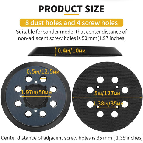 Gnellkoor 5-inch sander pad replacement, 2-pack, hook-and-loop with 8 dust holes and 4 screw holes for DeWalt orbital sanders.