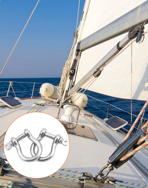 Sailboat deck with One Quarter Inch D Ring Shackles Twenty Pack In 304 Stainless Steel Screw Pin Bow Shackle For Tough As Nails Heavy Duty Rigging Towing Lifting And Anchor Use With Corrosion Resistant Construction inset