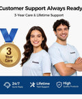 Two smiling individuals in light blue Grasside shirts showcasing 3-Year Care medal and support icons.