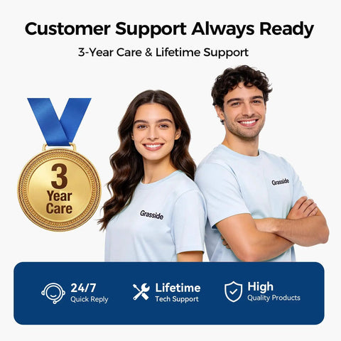 Two smiling individuals in light blue Grasside shirts showcasing 3-Year Care medal and support icons.