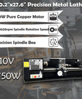 No Sweat Heavy Duty Metal Bench Lathe With Muscle Bound High Torque Motor And MT4 Spindle For Clean Precision Turning Plus Wide Open Variable Speed And Bulletproof Thread Cutting For Weekend Workshop Builds - 10.2"x27.6" lathe with 750W copper motor.