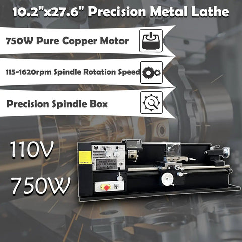 No Sweat Heavy Duty Metal Bench Lathe With Muscle Bound High Torque Motor And MT4 Spindle For Clean Precision Turning Plus Wide Open Variable Speed And Bulletproof Thread Cutting For Weekend Workshop Builds - 10.2"x27.6" lathe with 750W copper motor.
