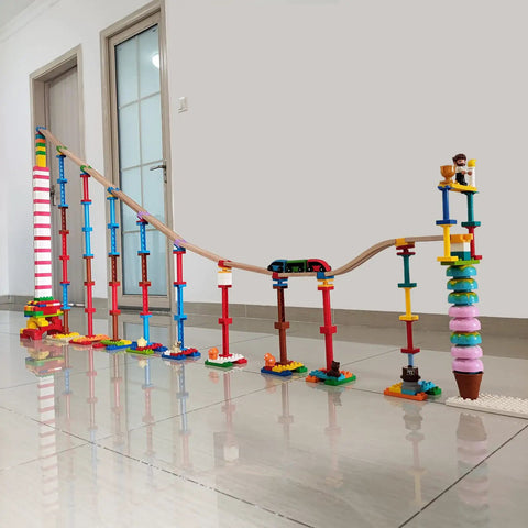 Wooden Train Track Connectors Set 40 Pieces Compatible With All Major Train Brands Duplo 0.35 Inch Holes Risers setup