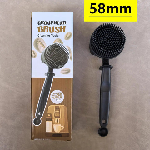 Long Handle Espresso Machine Cleaning Brush With Soft Bristles For Deep Clean Of Coffee Makers Easy Grip Antislip Handle Ideal For Home Baristas And Coffee Shops, shown with packaging beside the brush, 58mm size.