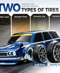 One Twenty Fourth Scale RC Drift Car With Four Wheel Drive Dual Speed Up To Twenty Kilometers Per Hour LED Lights Extra Drifting Tires Totally Indoor Hobby Vehicle For Beginners Kid Friendly Boys And Girls Adults displayed with drift and racing tires on various terrains.