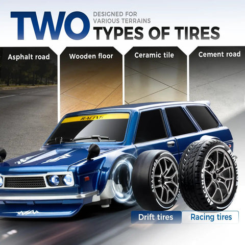 One Twenty Fourth Scale RC Drift Car With Four Wheel Drive Dual Speed Up To Twenty Kilometers Per Hour LED Lights Extra Drifting Tires Totally Indoor Hobby Vehicle For Beginners Kid Friendly Boys And Girls Adults displayed with drift and racing tires on various terrains.