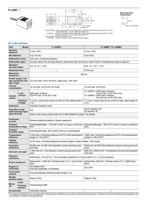 Technical specifications sheet for Workhorse Proximity Sensor Switch With 2M Cable For TL Q5 Series Models TL Q5MB1-F-Z, TL Q5MC1-F-Z