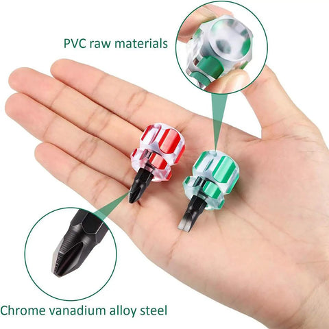 Ultra Short Sewing Machine Screwdriver Set With Flat Head And Phillips Bits For Tight Spots Great For Sewing Projects With Clear Plastic Handles And A Six Slot Grip For Easy Torque shown in hand