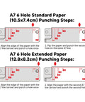 Diagram showing A7 paper 6-hole punching steps with dimensions, featuring two illustrations for standard and extended paper layouts.