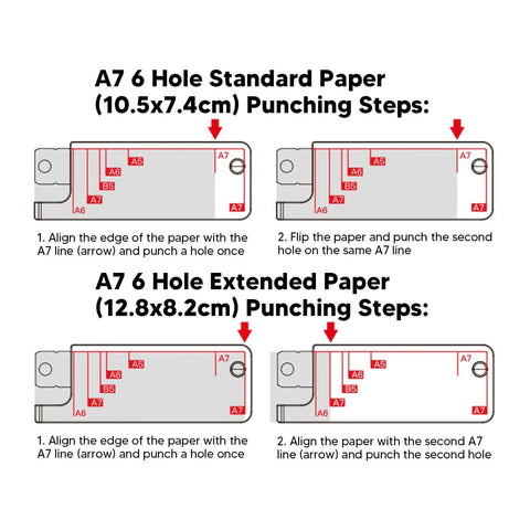 Diagram showing A7 paper 6-hole punching steps with dimensions, featuring two illustrations for standard and extended paper layouts.