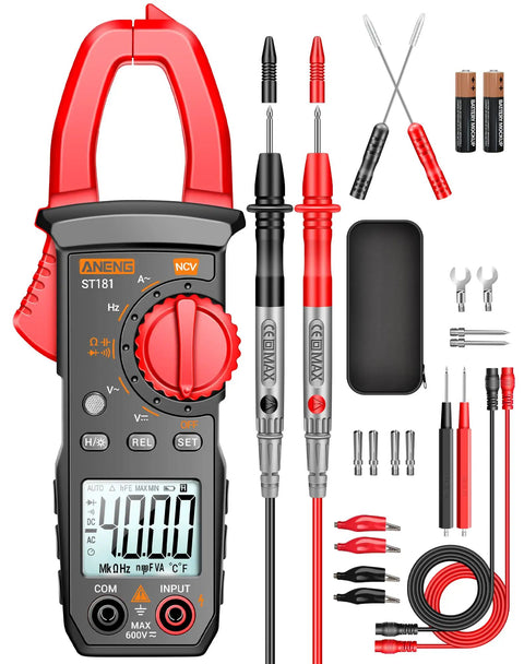 Digital Clamp Meter Multimeter For Electricians With 4000 Counts And NCV, Pro Grade Beast, with probes and accessories displayed