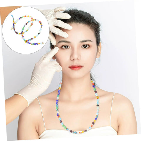 Pentagram Glass Spacer Beads And Bracelet Making Kit With Earring Crafting Tools displayed with colorful necklace and gloves.