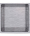 Front view of 12 By 12 Inch Shower Niche In Brushed Nickel Stainless Steel, Built To Last And Ready For Inwall Shelf Installation.