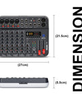 Dimensions of 6 Channel USB Audio Interface DJ Mixer With Bluetooth MP3 Playback And 48V Phantom Power Unpowered Studio Mixer For KTV Live Shows Streaming And Conferences showing the top and side views.