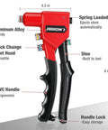 Pro Grade Hand Riveter Kit with Four Interchangeable Heads for 3 32nd Inch, 1 8th Inch, 5 32nd Inch, and 3 16th Inch Rivets shown front view