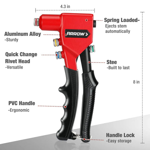 Pro Grade Hand Riveter Kit with Four Interchangeable Heads for 3 32nd Inch, 1 8th Inch, 5 32nd Inch, and 3 16th Inch Rivets shown front view