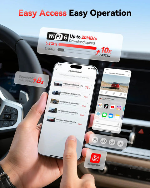 Person using smartphone to download dash cam videos with 4K Front And Rear Dash Cam With Starvis 2 Sensor GPS WiFi For Fast Download