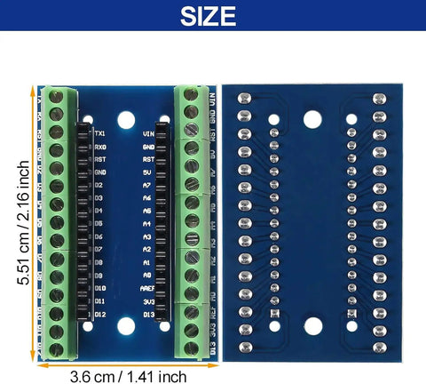 2 Pack Nano V3.0 Mini ATmega328P Arduino Microcontroller Board Kit with Expansion IO Shield dimensions labeled