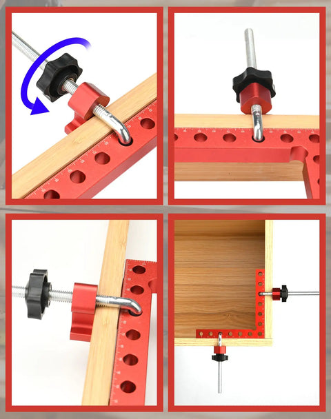 Corner Clamps For Woodworking 90 Degree Right Angle Positioning, 4 Pack Aluminum Alloy Squares Clamp Set in use with wooden frame