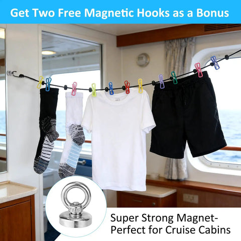 Must Have Camping Clothesline With Magnetic Hooks And 12 Colorful Clips For Camper RV Living On The Go Portable Non Slip Laundry Line For Cruise Cars And Tiny Homes Durable Outdoor Indoor Drying Solution hanging clothes in cruise cabin