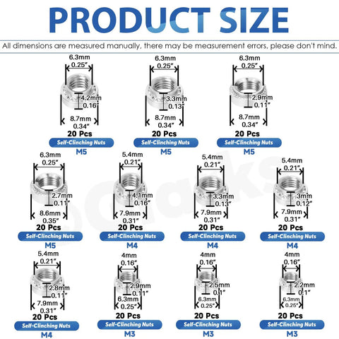 Kickass 220 Piece M3 M4 M5 Self Clinching Nuts Kit Crafted From 304 Stainless Steel Round Head Rivet Fasteners size chart with measurements.