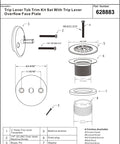 Trip Lever Tub Trim Kit Set With Trip Lever Overflow Face Plate and components in specifications diagram