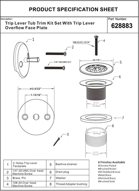 Trip Lever Tub Trim Kit Set With Trip Lever Overflow Face Plate and components in specifications diagram