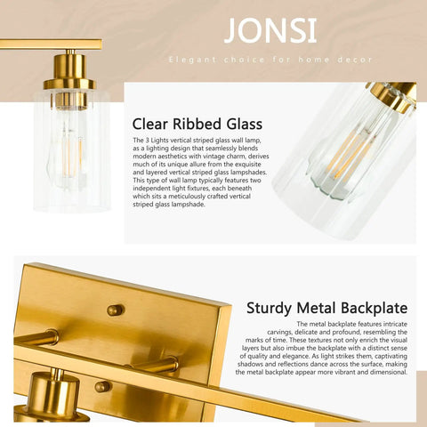 Three Light Brushed Gold Vanity Light With Fluted Glass Shades For Bathroom Modern Gold Over Mirror Fixture Elegant Satin Finish Contemporary Bath Lighting showing detailed glass and metal backplate close-up.