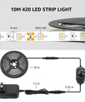 32.8 Foot Dimmable LED Strip Light With 600 High Brightness 2835 LEDs Daylight White 6000K close-up of LED strip and components