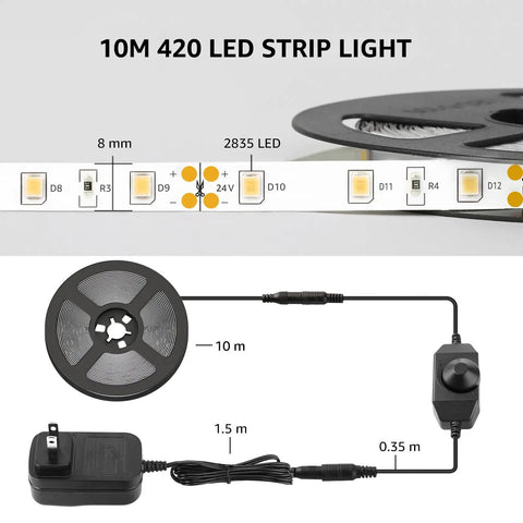 32.8 Foot Dimmable LED Strip Light With 600 High Brightness 2835 LEDs Daylight White 6000K close-up of LED strip and components