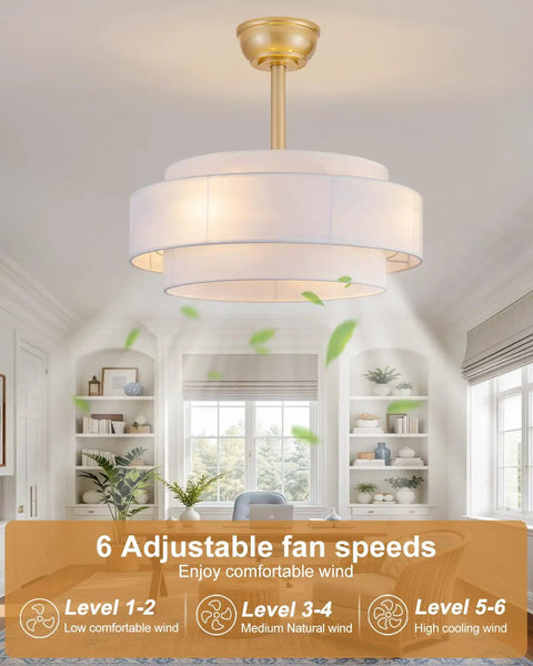 XINGSIYUELYX Gold Ceiling Fan featuring adjustable speeds in a modern living room setting with light fixtures.