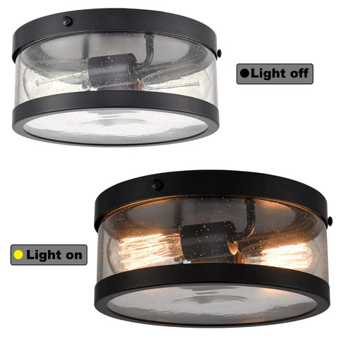 Black Drum Flush Mount Ceiling Light Fixture With Seeded Glass Creates Rustic Farmhouse Vibe For Porch Hallway And Bedroom Perfect For Any Space With Warm Glow And Industrial Charm