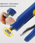 Close-up of adjustable pressure screw on 10 Inch Locking Pliers Sheet Metal Clamp Heavy Duty Welding Tool with rubber handle.
