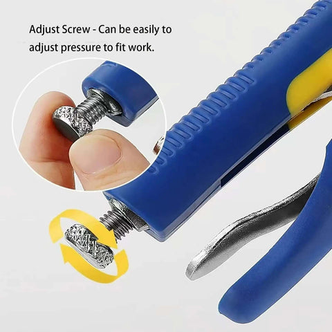 Close-up of adjustable pressure screw on 10 Inch Locking Pliers Sheet Metal Clamp Heavy Duty Welding Tool with rubber handle.